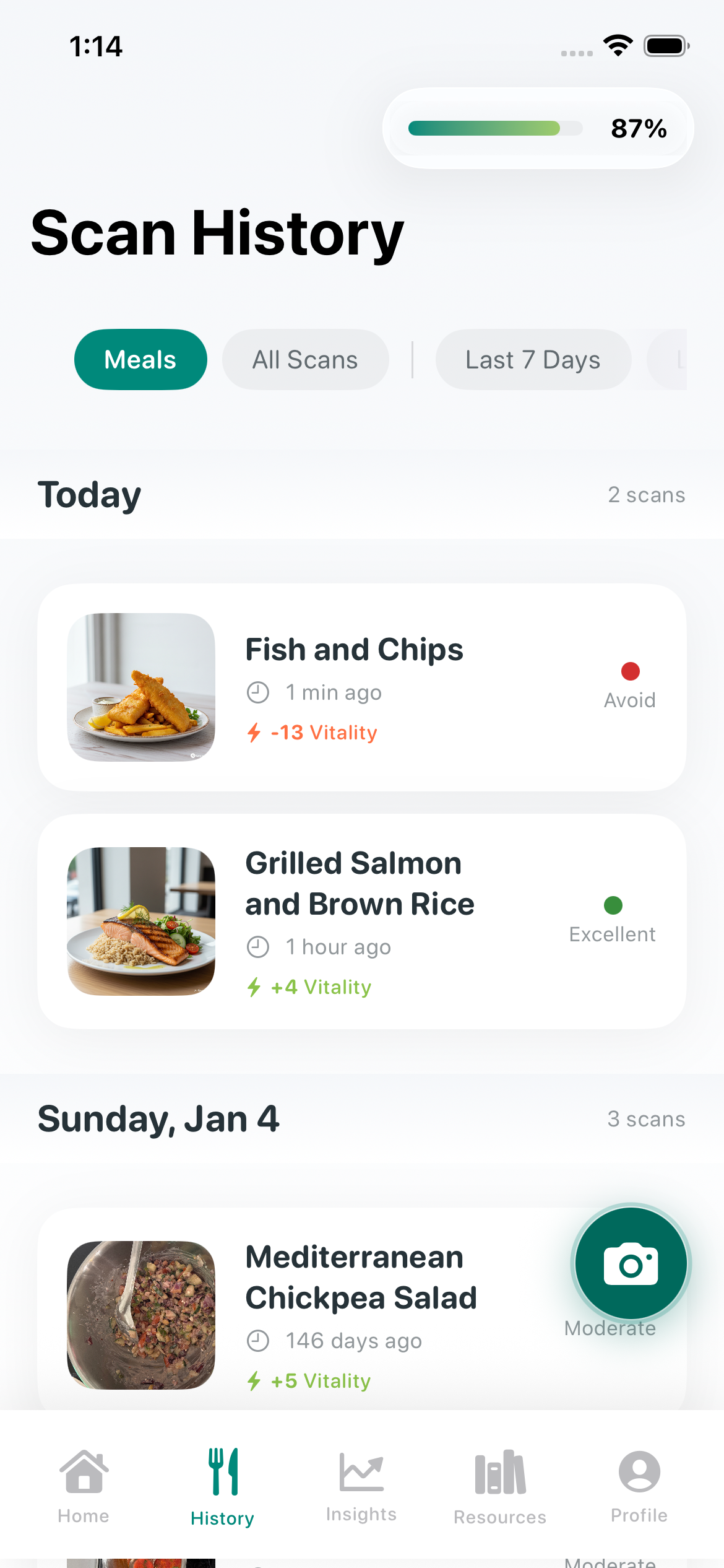 Scan history with meal impacts