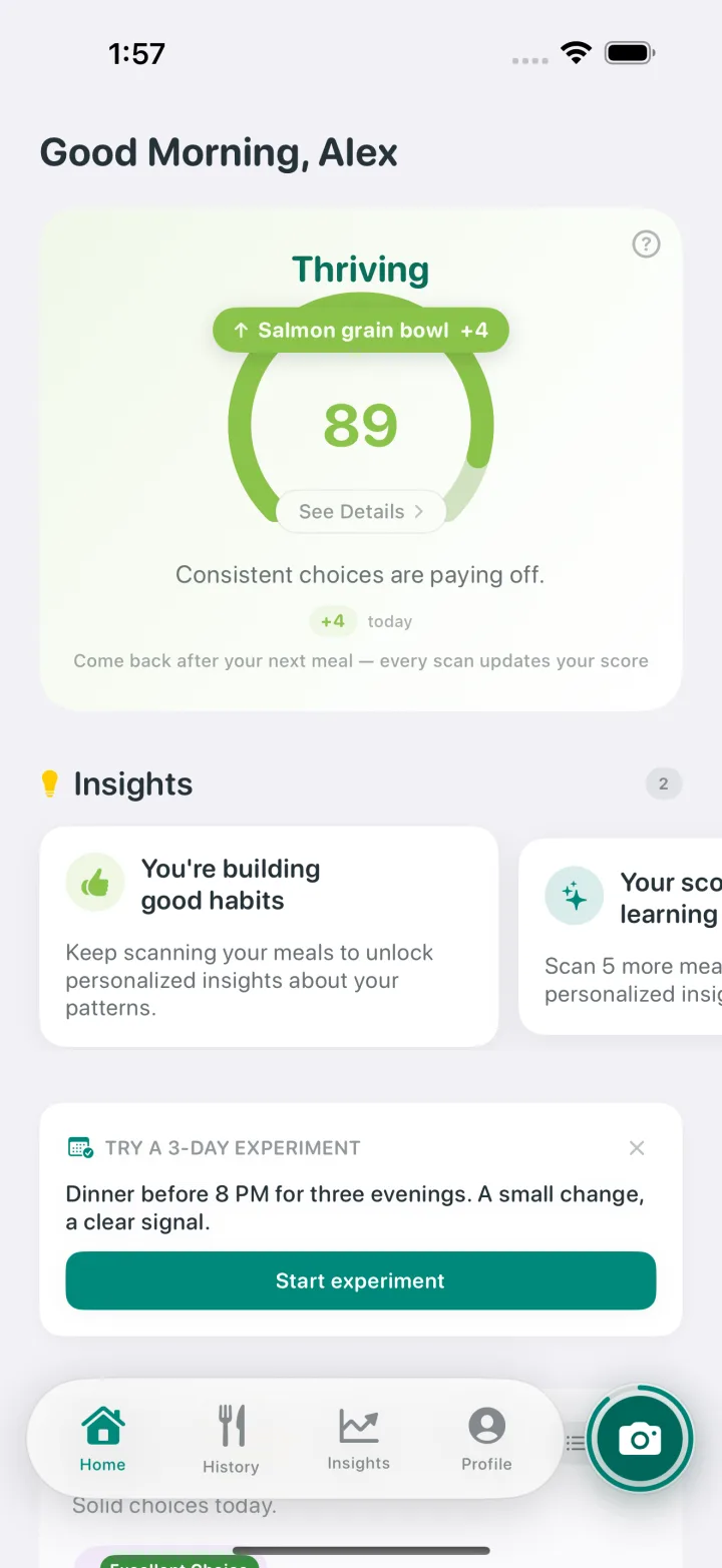 LivRight home screen showing a Vitality Score and a three-day experiment