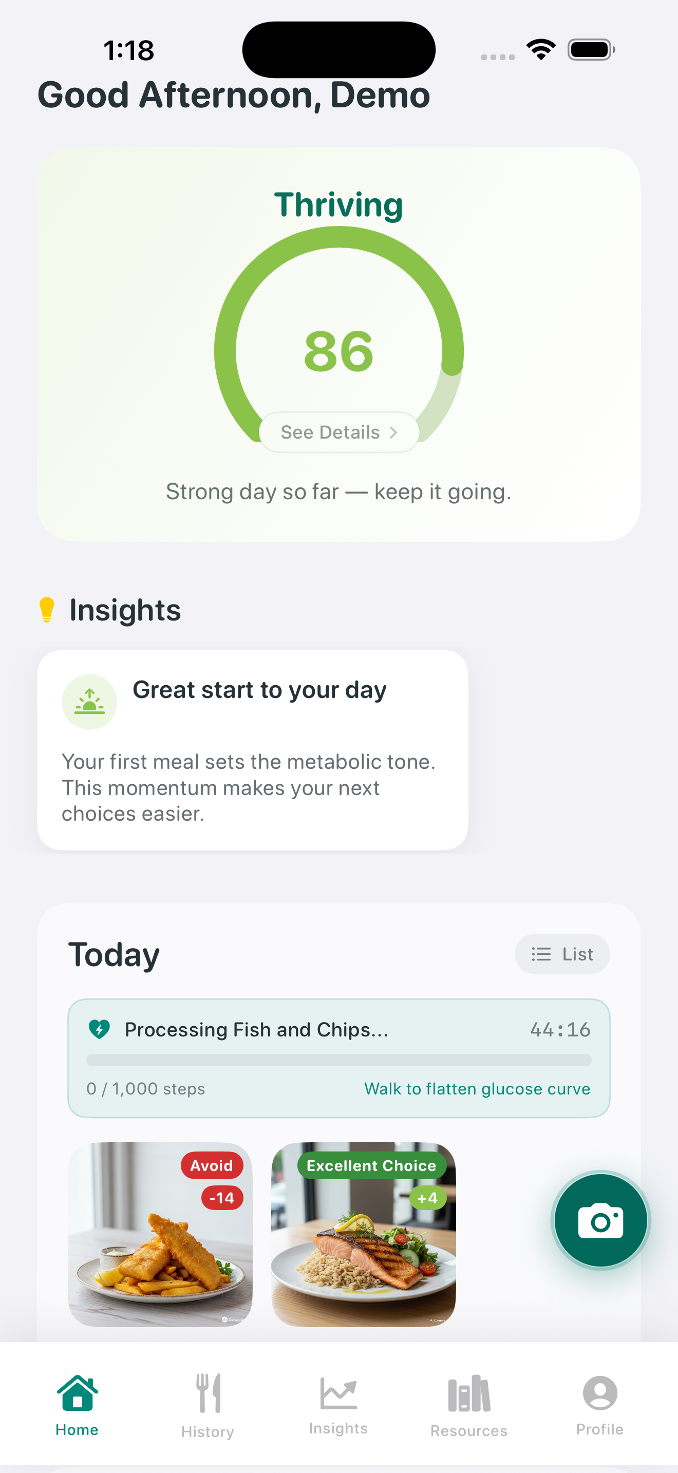LivRight home screen showing Vitality Score and meal history