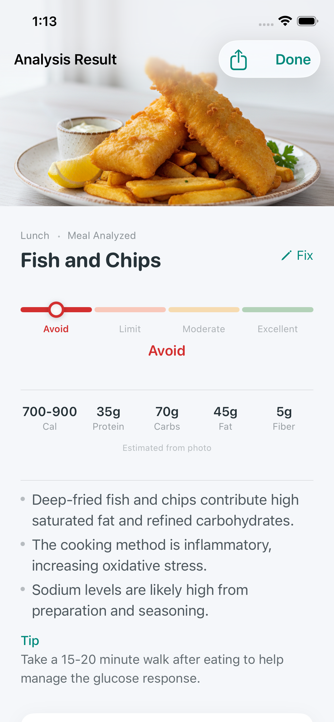 AI meal analysis showing Fish and Chips rated Avoid