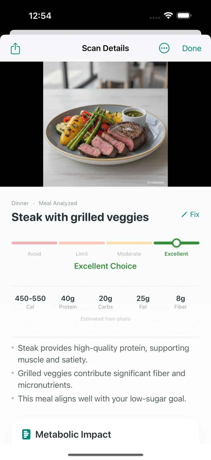 LivRight meal scan showing a food photo, an Excellent rating, and estimated nutrition
