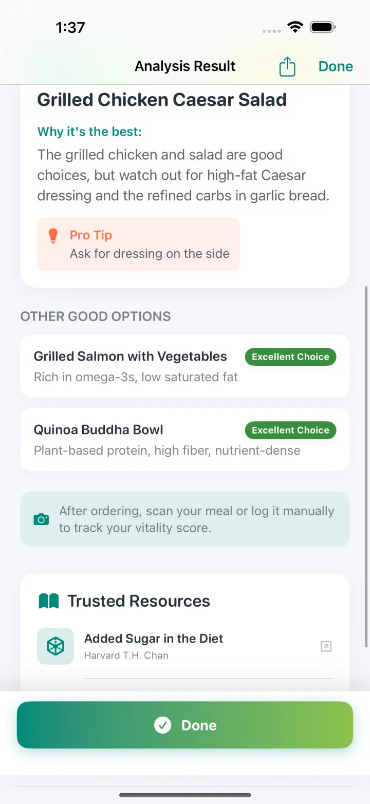 Restaurant menu recommendations with a best option and alternatives