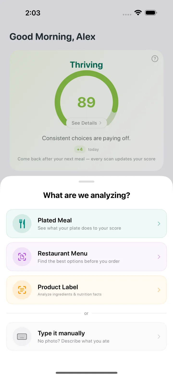 LivRight scan options for a plated meal, restaurant menu, product label, or manual entry